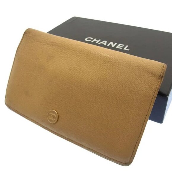 Chanel Wallet Purse Bifold Coco Button Beige Woman Authentic